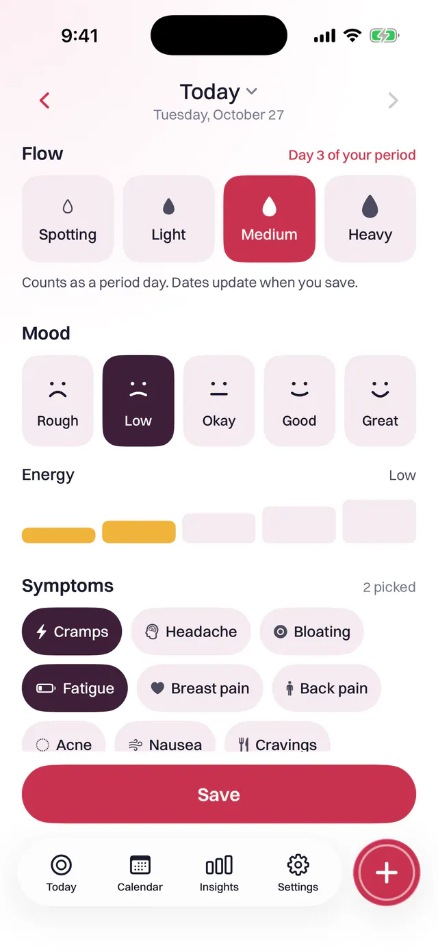 Seventh's log screen with medium flow, a low mood, low energy, cramps and fatigue selected.