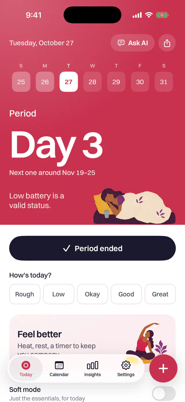 Seventh's Today screen on day 3 of a period. It reads Day 3, next one around Nov 19 to 25.