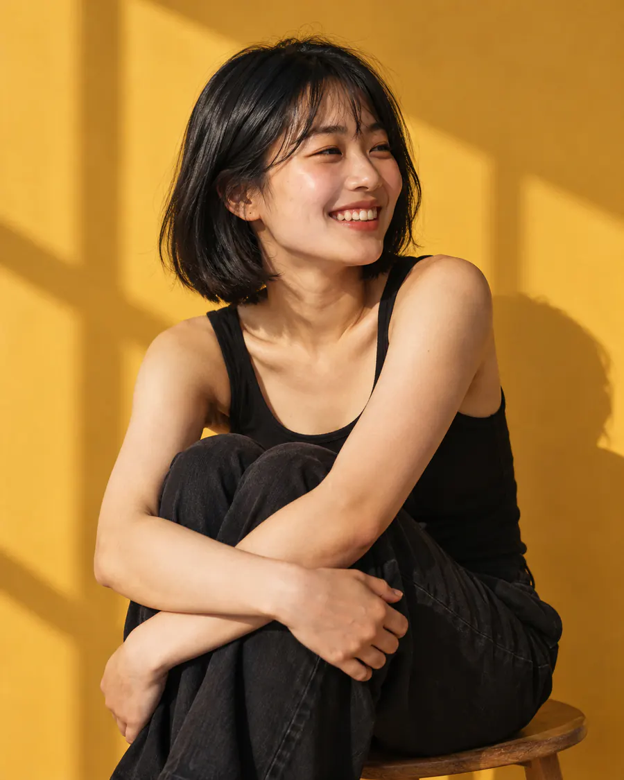 A woman with a black bob hugs her knees on a stool and grins at someone off-frame, against mustard-yellow paper.