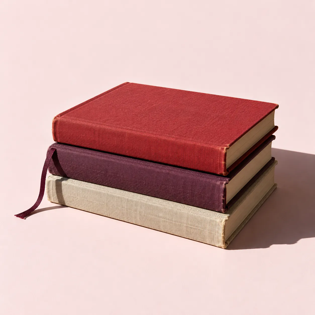 Three cloth-bound books in cherry, plum and oatmeal stacked on blush paper.