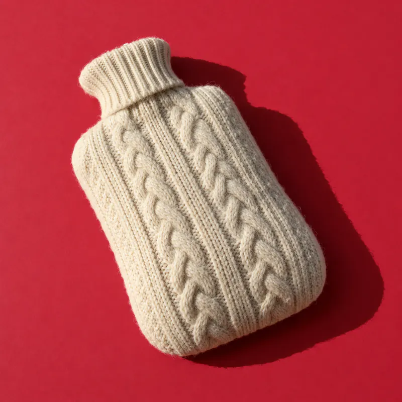A cream cable-knit hot water bottle on cherry-red paper.
