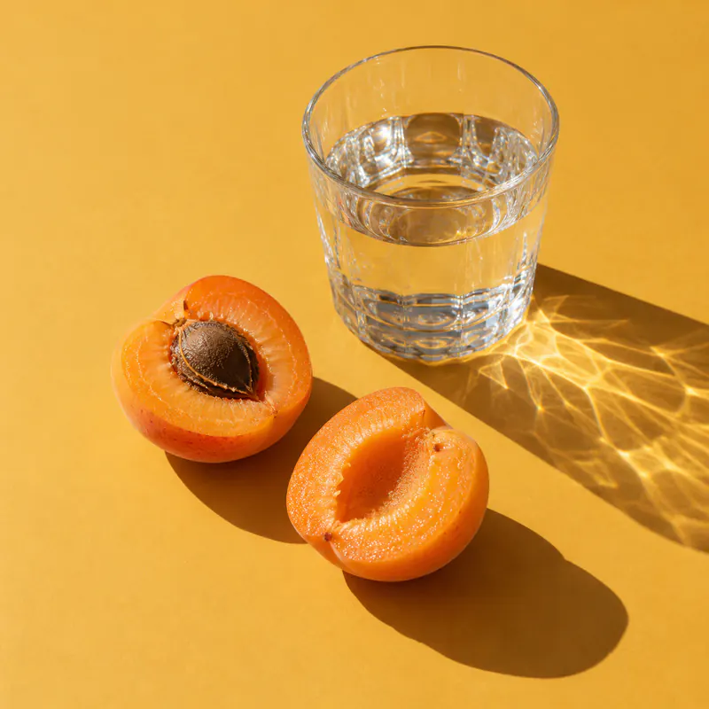 A split apricot beside a glass of water throwing light on mustard-yellow paper.